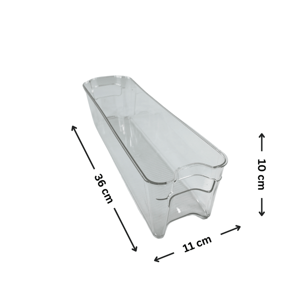 Clear plastic fridge storage box, medium size, ideal for organizing pantry or fridge.