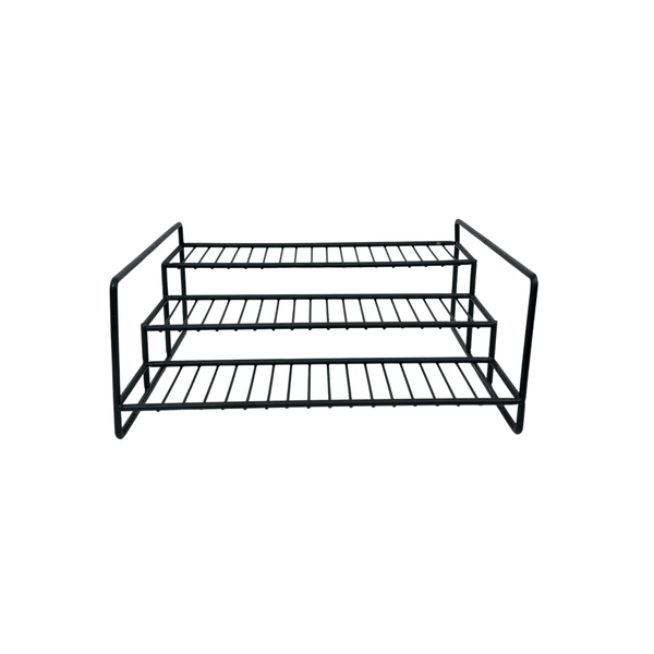 Black metal spice rack, three-tier storage organiser for kitchen or pantry.