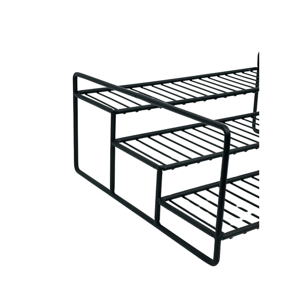 Black metal spice rack, ideal kitchen storage organiser for pantry jars and space-saving solutions.