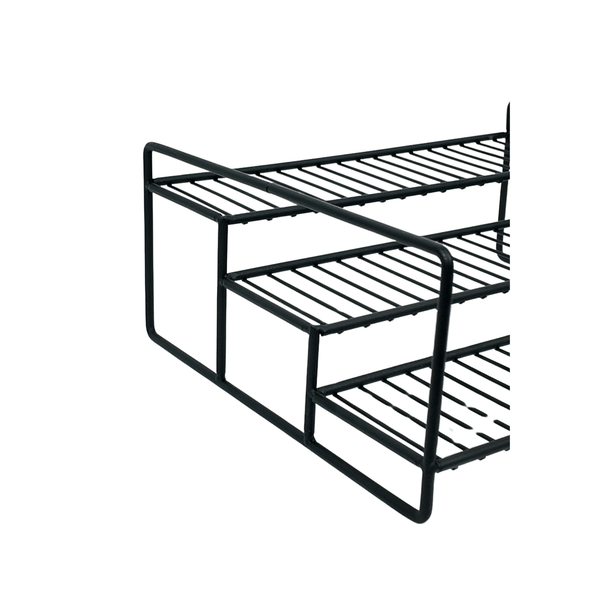 Black Metal Spice Rack for kitchen organisation, ideal for pantry storage, combining style and functionality in your cooking space.
