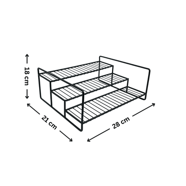 Black metal spice rack for kitchen organisation, featuring three tiers ideal for pantry storage and space-saving solutions.