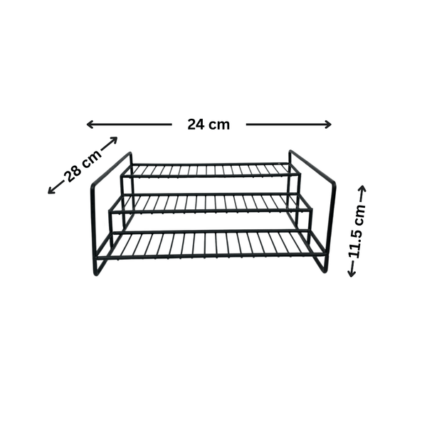 Black metal storage organizer rack for pantry, 24x28x11.5 cm, space-saving shelf.