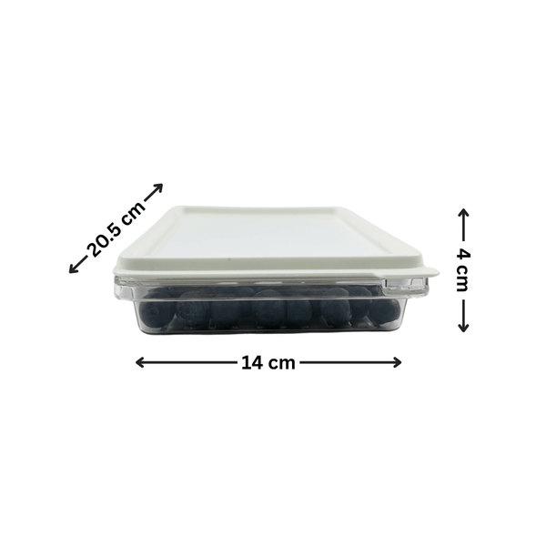Compact airtight food storage container for pantry, fridge, or kitchen organization; space-saving design.