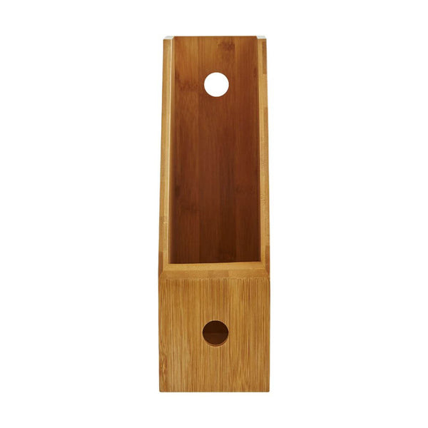 Bamboo magazine holder for organised storage, ideal for home or office space.