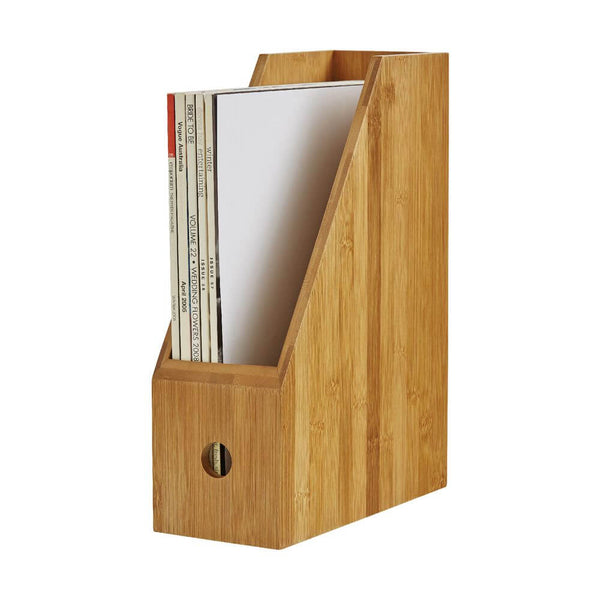 Bamboo magazine holder for organized storage, ideal for home office and space-saving solutions.