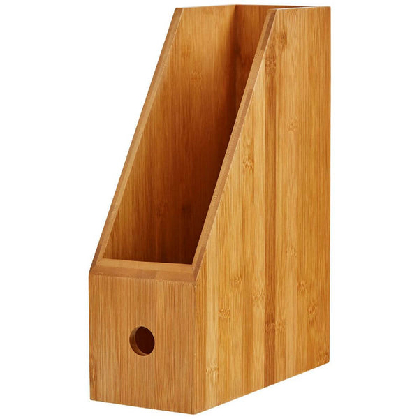 Bamboo magazine holder for organized storage, perfect for office or living room space-saving organization.