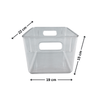 Clear acrylic storage bin with dimensions 22x19x15 cm, ideal for fridge organisation and space-saving home storage.