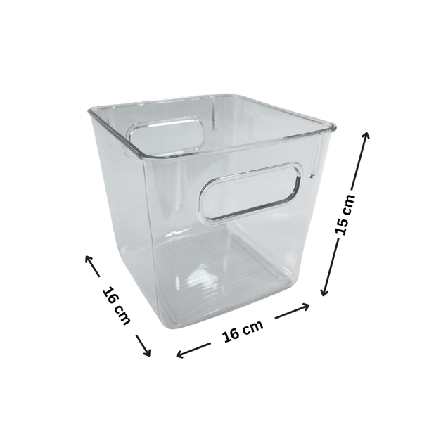 Clear acrylic storage bin for kitchen and pantry organisation, measuring 16 cm by 16 cm by 15 cm, perfect for home decluttering.