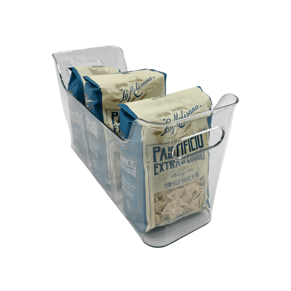 Clear Small Pantry Organizer Set – 18 Pack holding pasta for efficient pantry organisation, ideal for kitchen storage.
