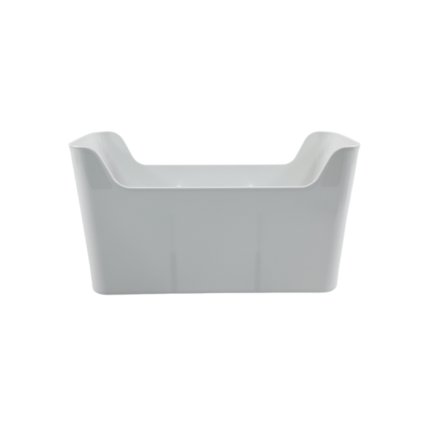 White pull-out storage organiser for kitchen pantry or under-sink, space-saving design.