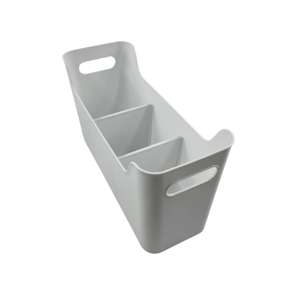 White plastic under sink storage bin with dividers, ideal for home organisation, pantry and kitchen containers in Australia.