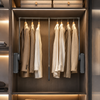 Modern wardrobe with hanging clothes and folded garments on shelves.