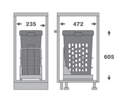 A gray line-drawing diagram showing two views of a laundry hamper or washing machine interior with dimension arrows and measurements 235, 472, and 605 on a white background.