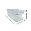 Clear acrylic fridge organisation bin, dimensions 35.5 cm x 17 cm x 15.5 cm, ideal for kitchen storage and decluttering. Space-saving solution.