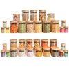 Round bamboo glass pantry container set, 35-pack, ideal for kitchen storage and organization.