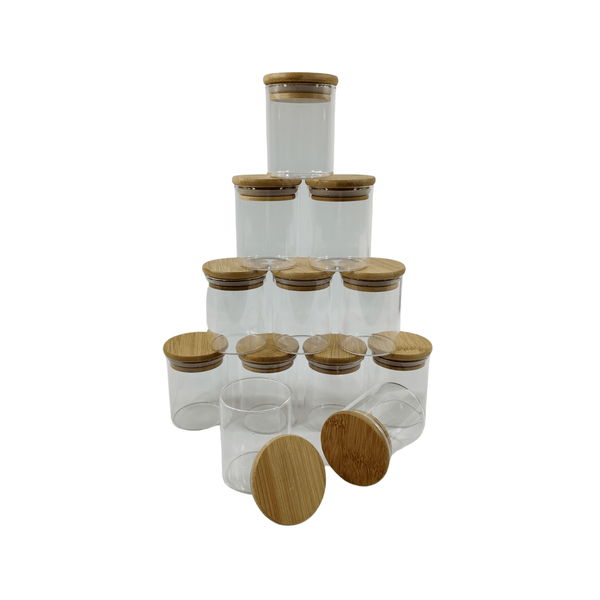 Clear Small Pantry Organizer Set – 18 Pack featuring glass jars with bamboo lids, ideal for kitchen and pantry storage organisation.