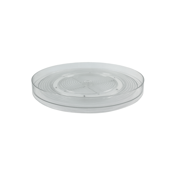 Clear round rotating tray, ideal for pantry storage and kitchen organization.