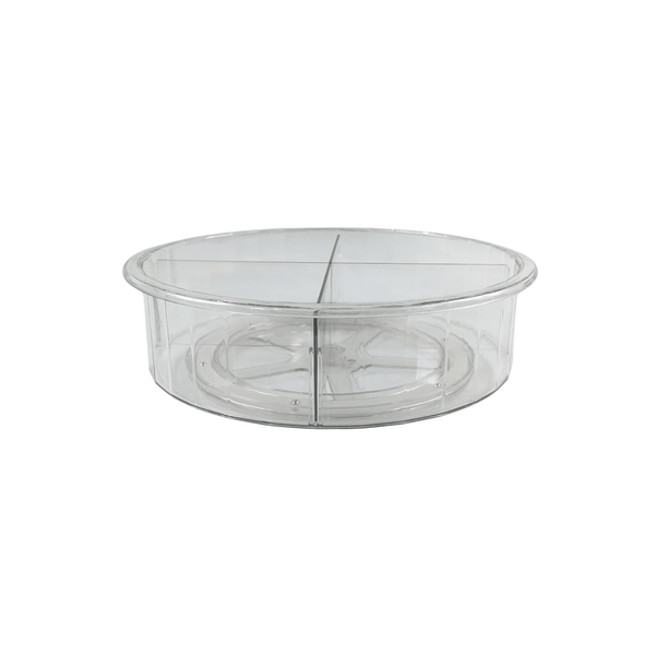 Clear plastic circular fridge organiser for space-saving storage.