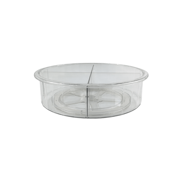 Clear round storage organiser for under sink, kitchen baskets, or pantry jars.