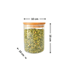 Round glass jar with bamboo lid, holds pantry or fridge foods, 10x15 cm size.
