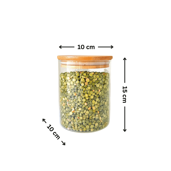 Round glass jar with bamboo lid, holds pantry or fridge foods, 10x15 cm size.