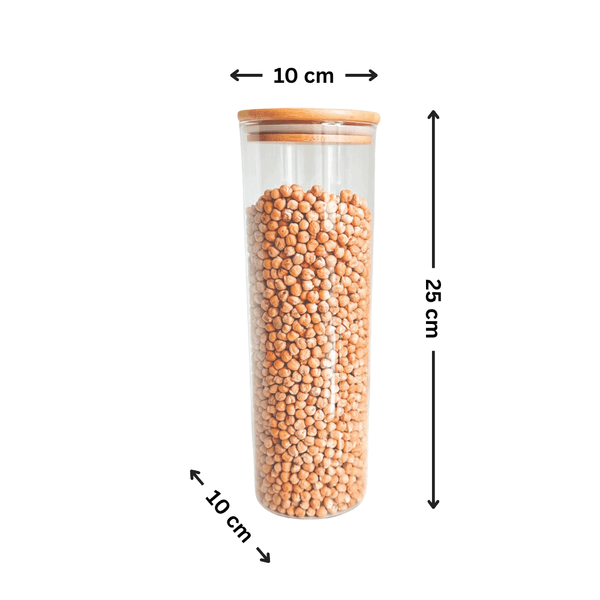 Round pantry glass jar with bamboo lid, dimensions 25cm height x 10cm diameter, storage organiser