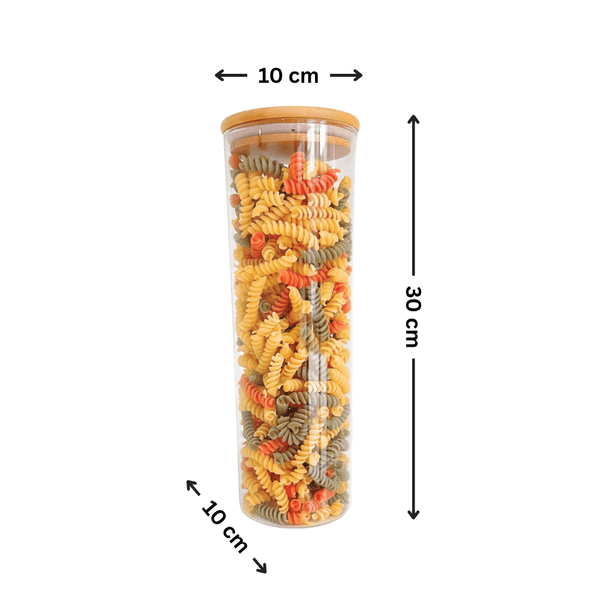 Tall round bamboo glass jar filled with spiral pasta, ideal for pantry organisation. Part of small pantry set, 10 pack for kitchen storage.