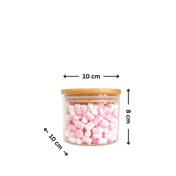 8cm round glass pantry jar with bamboo lid, ideal storage organiser for kitchen.