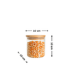 Round Bamboo Pantry Glass Jar Set – 5 Stackable Sizes, ideal for pantry organisation, featuring storage of popcorn kernels.