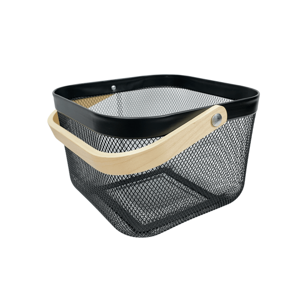 Small black storage basket with wooden handle for pantry and kitchen organization.