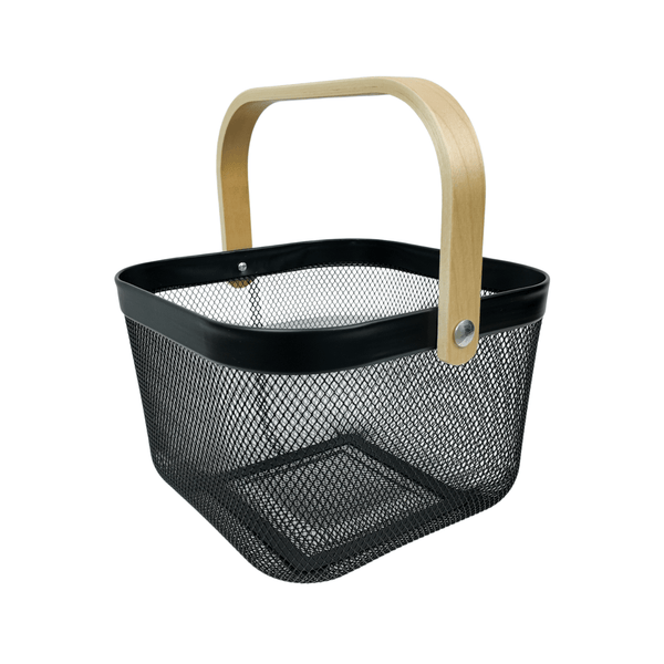 Small black storage basket with wooden handle, ideal for kitchen or laundry organizing.