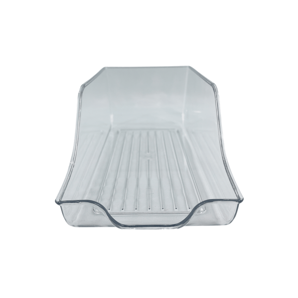 Small clear storage organiser for kitchen fridge or pantry, space-saving can holder.