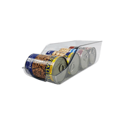 Clear Small Pantry Organizer Set – 18 Pack in use, featuring a pull out bin storing canned goods for efficient pantry organisation.