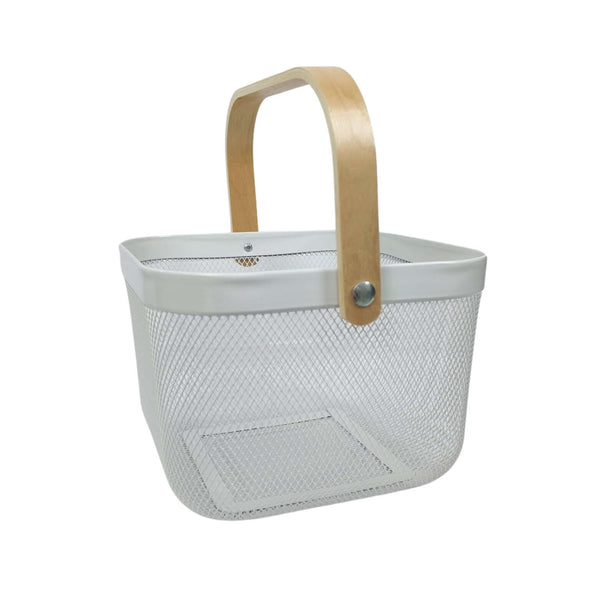 Small white mesh basket with wooden handle, perfect for kitchen storage and pantry organization.