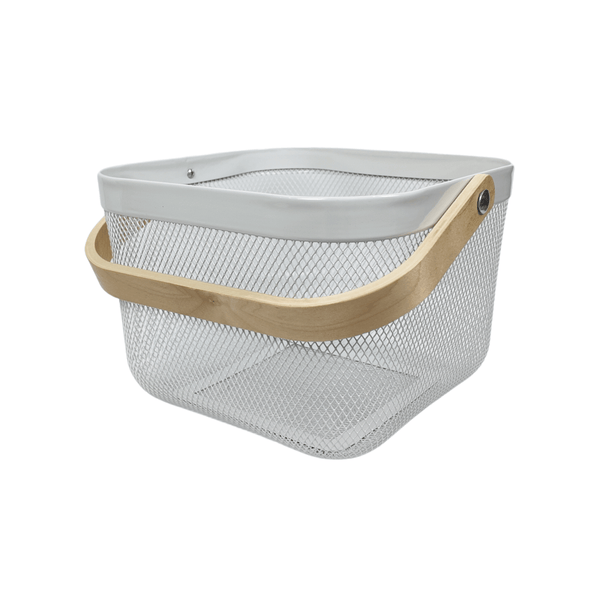 Under sink storage organiser with mesh basket and wooden handle for kitchen space-saving.