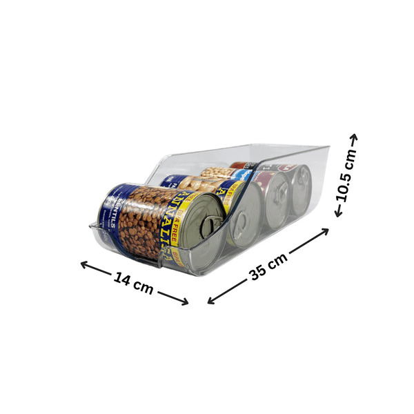 Clear pantry organizer bin holding canned goods, dimensions 35x14x10.5 cm. Ideal for kitchen and fridge storage solutions.