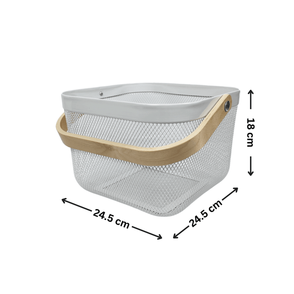 Small White Mesh Basket with Wooden Handle for versatile kitchen or pantry organisation and drawer organisers.