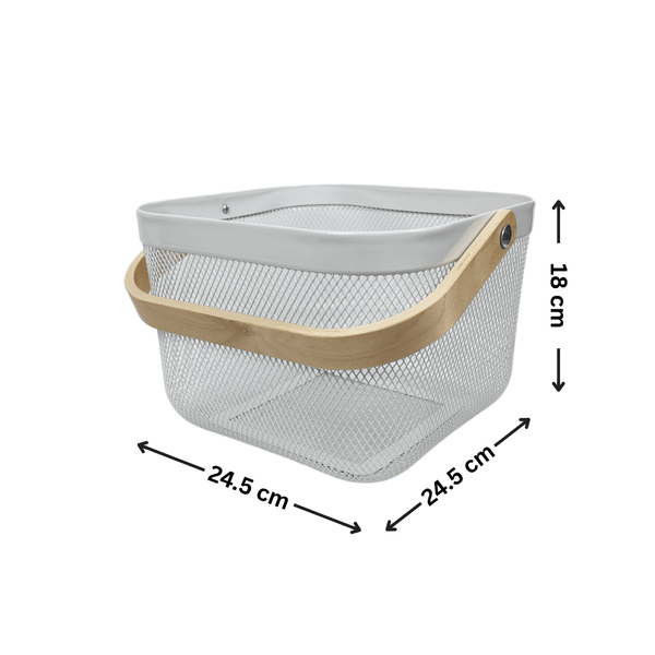 Wire mesh storage basket with bamboo handle, ideal for home organization, kitchen or bathroom; dimensions 24.5x24.5x18cm.