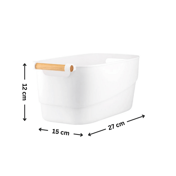 White storage tub with wooden handle, ideal for pantry, fridge, or kitchen organization.