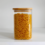 Square Bamboo Glass Pantry Jar Set – 5 Stackable Sizes ideal for kitchen organisation with pasta storage. Perfect for pantry organisation.