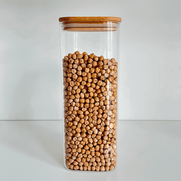 Clear pantry jar with bamboo lid filled with chickpeas, ideal for home organisation, kitchen containers, and pantry storage in Australia.