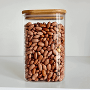 Square Bamboo Glass Pantry Jar Set – 5 Stackable Sizes with pinto beans for kitchen organisation and pantry storage.