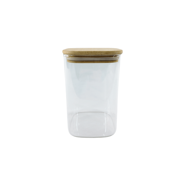Square glass storage jar with bamboo lid, 1100ml, ideal for pantry organization.