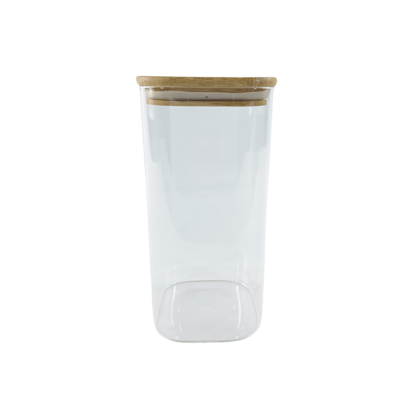 Square glass storage jar with bamboo lid, 1250ml, ideal for pantry or fridge organization.