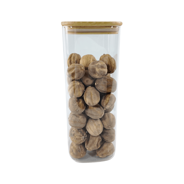 Square glass storage jar with bamboo lid, 1500ml, filled with nuts; kitchen organizer.