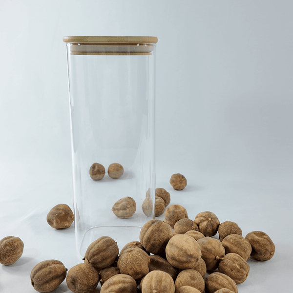 Square glass storage jar with bamboo lid, 1500ml, ideal for pantry or fridge organizing.