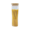 Square glass storage jar with bamboo lid holding pasta, ideal for pantry organization.