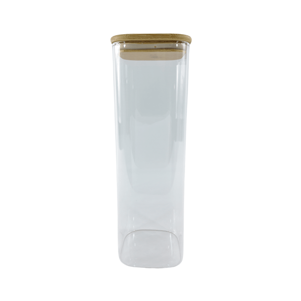 Square glass storage jar with bamboo lid, 2300ml; ideal for pantry organisation.