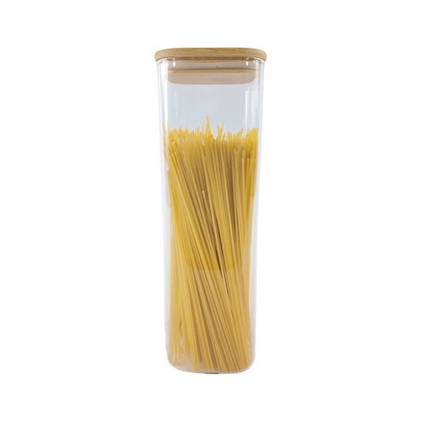 Square glass storage jar with bamboo lid holding pasta, ideal for pantry organization.