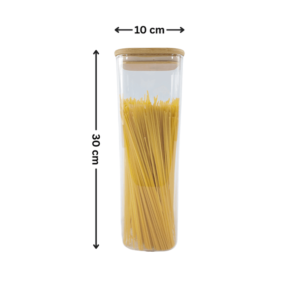 Square glass jar with bamboo lid for pantry storage, 2300ml capacity, ideal for kitchen organisation and space-saving solutions.